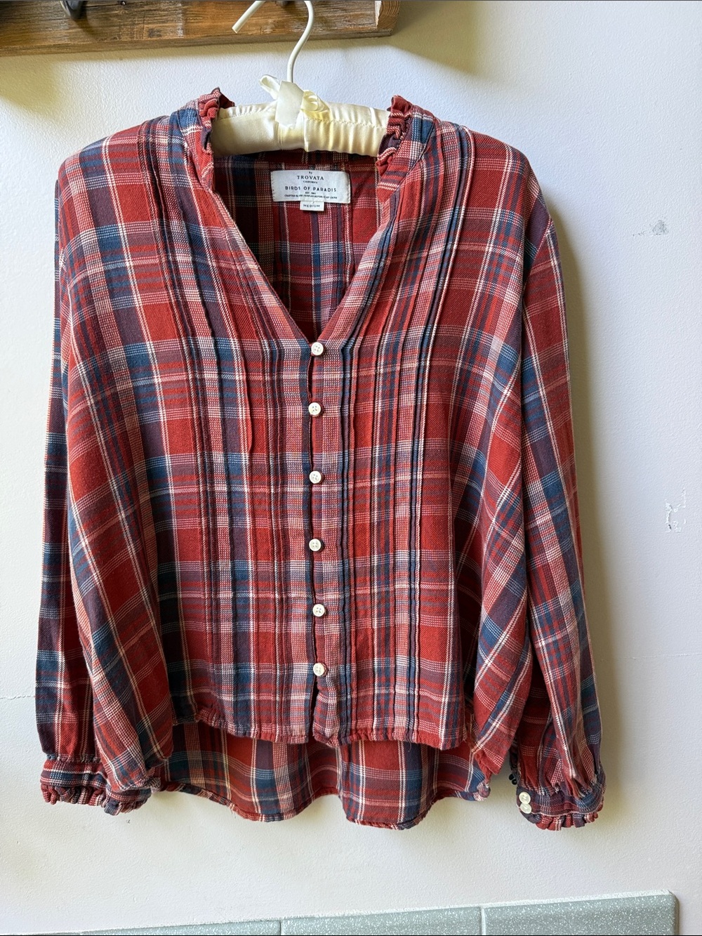 Birds of Paradis /Trovata Ruffle Collar Plaid Flannel Blouse M Boho Prairie